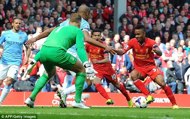 Sterling làm vặn sườn cả Kompany lẫn Joe Hart chỉ bằng 2 động tác đảo bóng trước khi ghi bàn cho Liverpool.