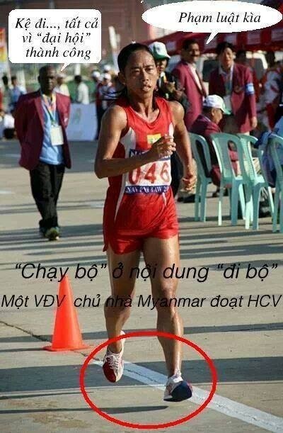 Hình ảnh cho thấy VĐV của Myanmar đã chạy rõ ràng trong giai đoạn về đích nhưng các trọng tài đã cố tình không phạt lỗi.