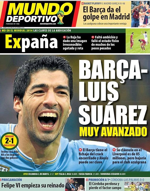 Trang bìa của tờ Mundo Deportivo cho thấy Barca sắp có được chữ ký của Suarez với giá 52 triệu bảng.
