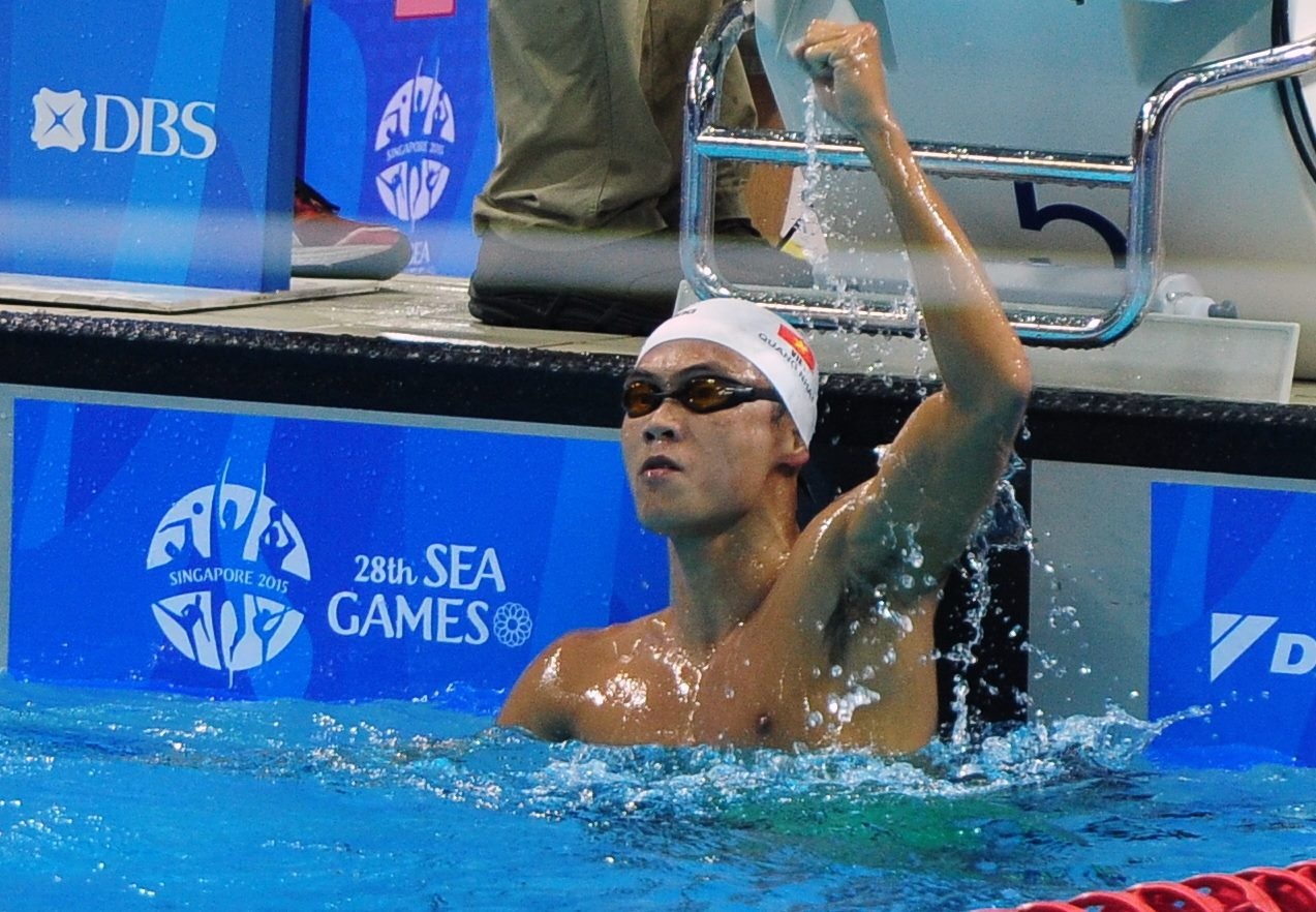 Niềm vui của Lâm Quang Nhật ở vạch đích SEA Games 28. Ảnh: Anh Tuấn