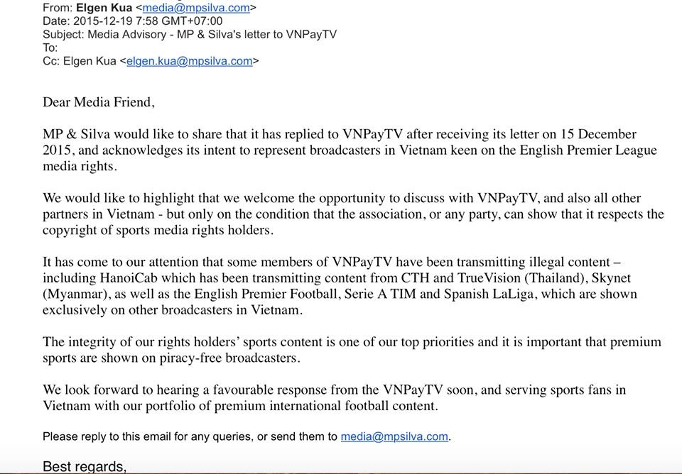 Email của MP & Silva gửi đến giới truyền thông Việt Nam sáng 19/12.