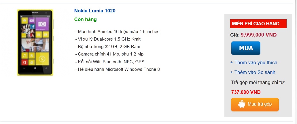 Giá bán của Lumia 1020 trên website của một đại lý lớn.