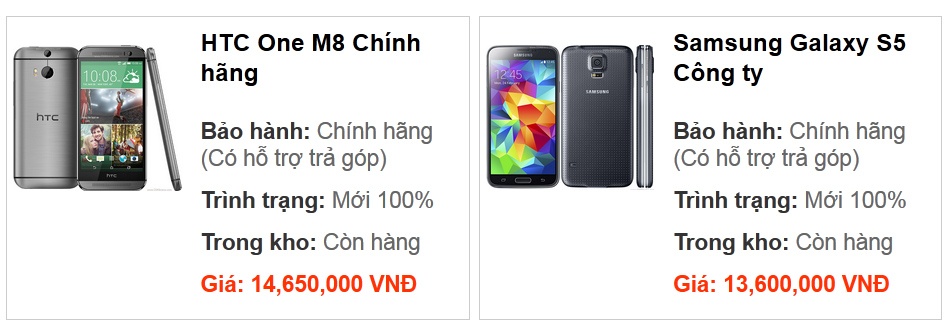 Giá bán của HTC One M8 và Samsung Galaxy S5 chính hãng tại một đại lý ở Hà Nội.