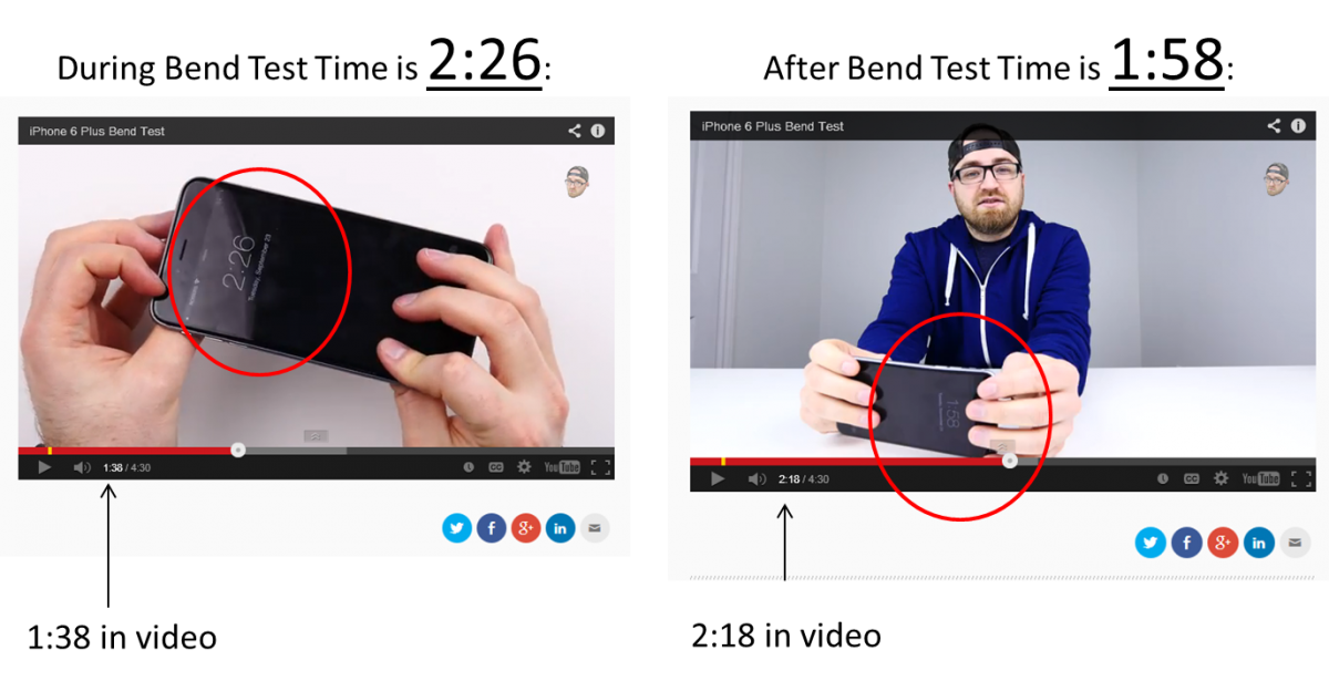 Giờ hiển thị trên chiếc iPhone 6 Plus trong đoạn clip không thống nhất.