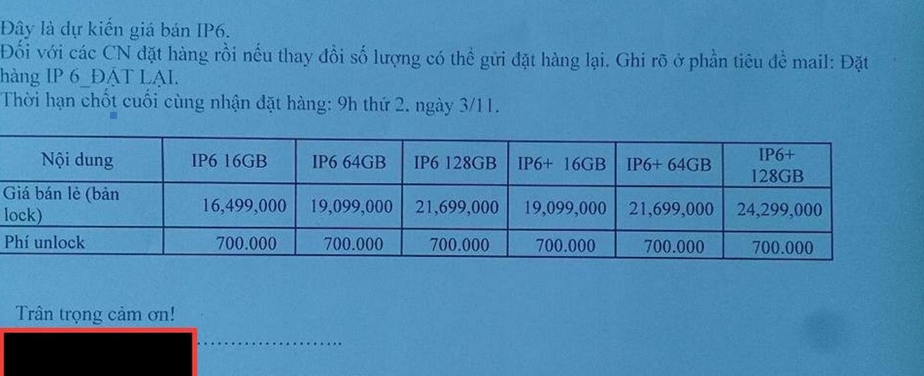 Giá bán của iPhone 6, 6 Plus của một nhà mạng vừa bị rò rỉ.