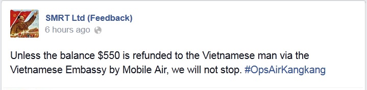 SMRT Ltd (Feedback) liên tục đưa những thông tin chế nhạo chủ nhân của cửa hàng Mobile Air và tuyên bố, họ sẽ không dừng lại nếu số tiền bị lừa không được trả lại cho vị khách người Việt Nam.