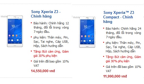 Giá bán của Xperia Z3 và Z3 Compact tại một cửa hàng ở Hà Nội.