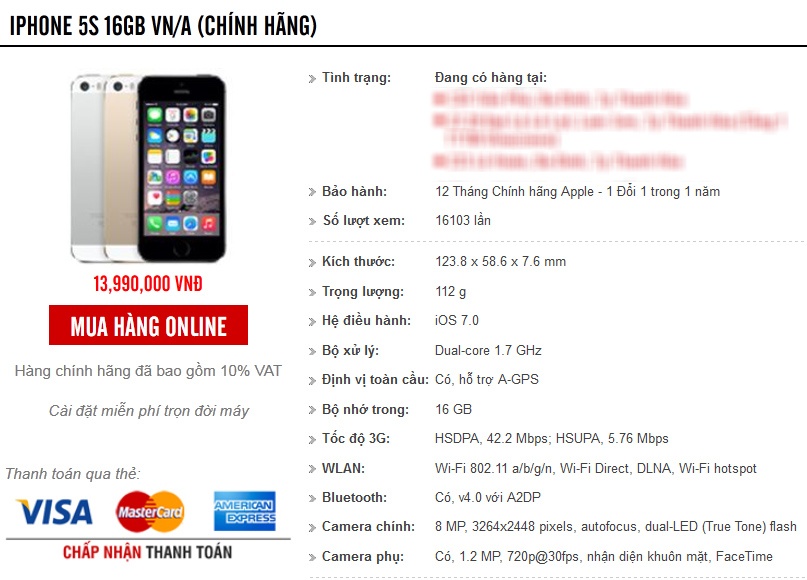 Giá iPhone 5S chính hãng 16 GB tại một đại lý ở Thanh Hóa.