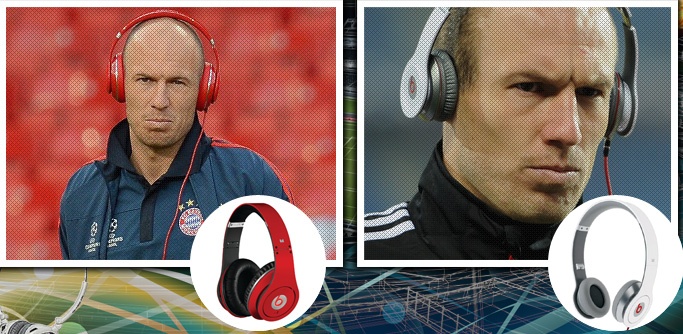 Cầu thủ có đôi chân pha lê Adrjen Robben cũng là một tín đồ của Beats. 2 sản phẩm trong hình là Beats Studio và một chiếc Beats Solo. 