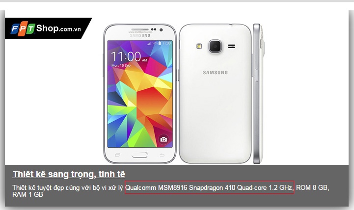 Webiste của FPT Shop vẫn cho niêm yết thông tin về việc máy sử dụng chip Qualcomm Snapdragon 410.