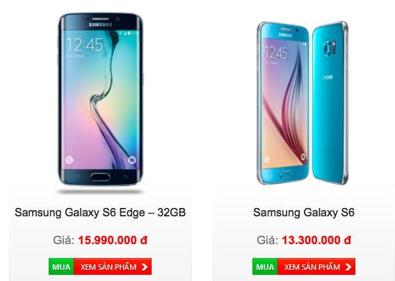 Giá bán Galaxy S6, E6 Edge xách tay tại một cửa hàng ở Cầu Giấy (Hà Nội).