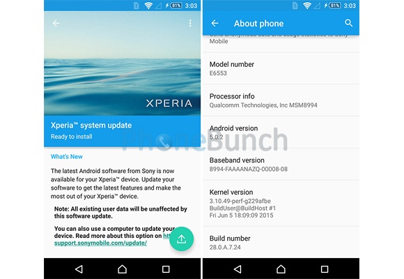 Bản cập nhật dành cho Xperia Z3+. Ảnh: Gsmarena.