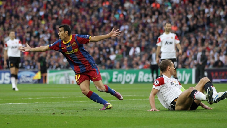 Pedro hi bàn vào lưới MU trong trận chung kết Champions League năm 2011. Ảnh: Skysports.