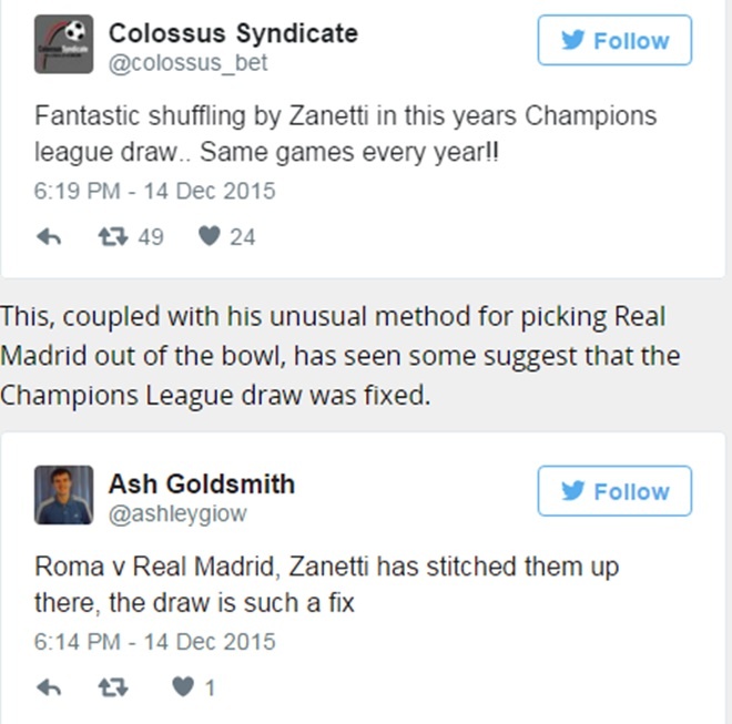Ảnh chụp từ Twitter cho thấy nhiều người tin Zanetti đã dàn xếp kết quả bốc thăm Champions League.