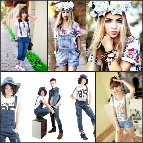 Quần yếm phối cùng áo phông in hình, chữ, số là cách kết hợp phổ biến nhất.