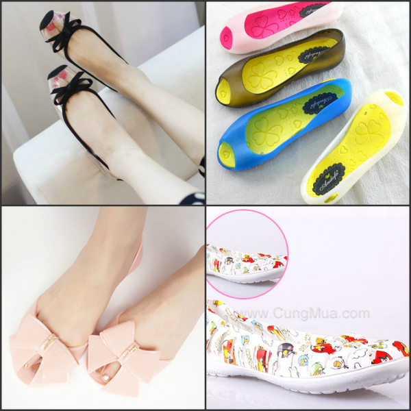 Nếu như bạn thích đi giày búp bê, hãy yên tâm vì ở các cửa hàng giày dép cũng có sẵn những mẫu giày búp bê với chất liệu nhựa để đáp ứng nhu cầu của bạn. Giá bán: khoảng 150.000 đồng