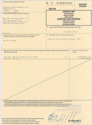 Giấy chứng nhận xuất xứ - sữa dê GmB sản xuất tại Hà Lan.