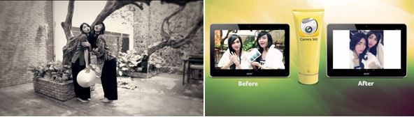 Chụp hình ngày ấy (trái ) và bây giờ với Tablet Acer Iconia và hãng kem 360 độ hân hạnh tài trợ nhan sắc chương trình này.