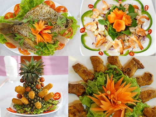 Các món gỏi tôm mực, mực chiên, chả giò, cá điêu hồng chiên xù đều được chế biến tinh tế, lạ miệng.