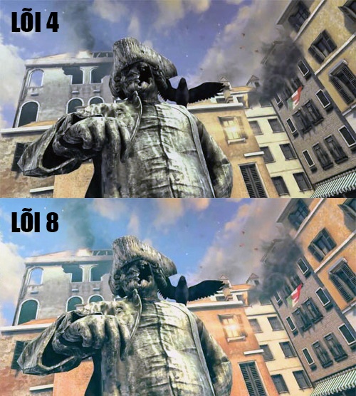 Ảnh bên trên là của vi xử lý lõi tứ, ảnh bên dưới do chip lõi 8 thể hiện tươi sáng hơn.