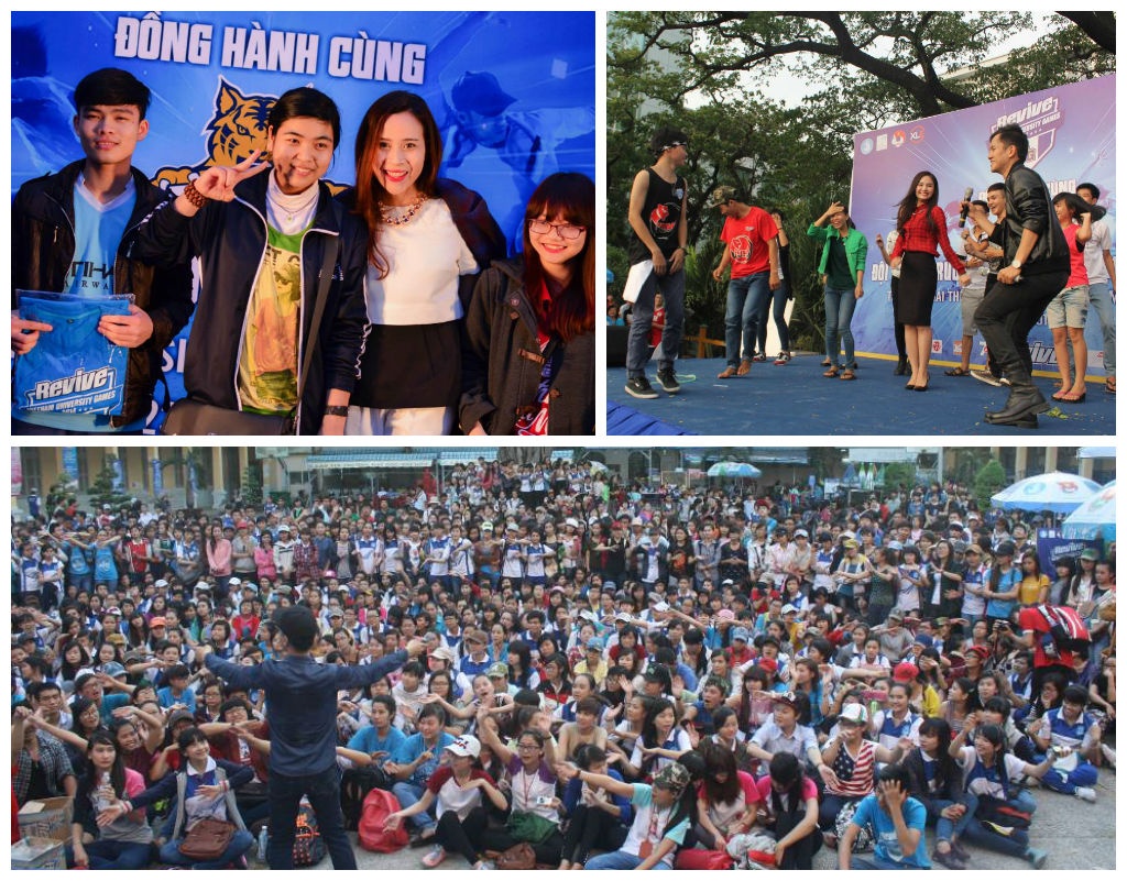 Ca sỹ Lưu Hương Giang (phía trên bên trái), ca sỹ Miu Lê (phía trên bên phải) và ca sỹ Hà Okio nhiệt tình giao lưu với sinh viên.