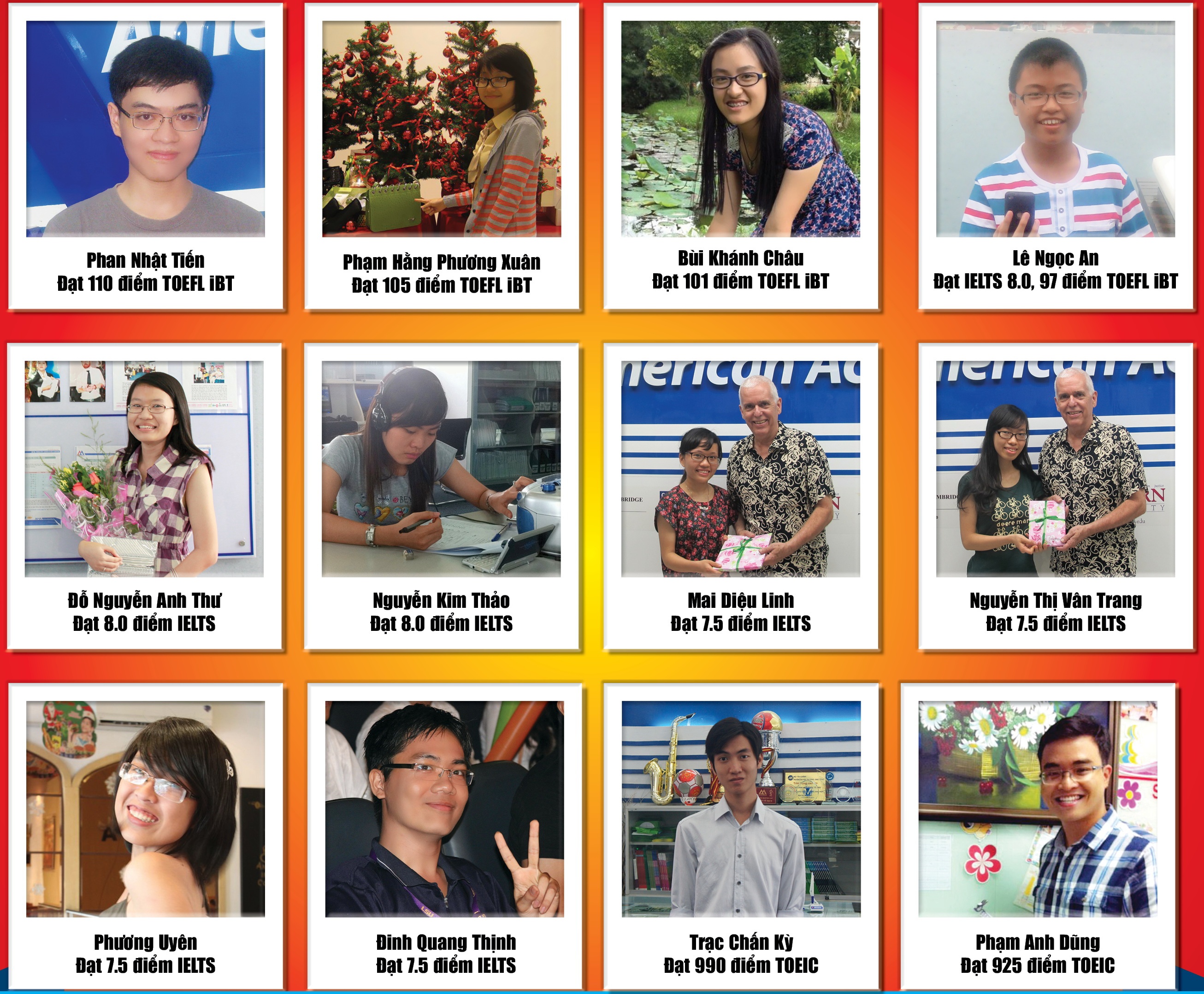 Học viên AMA đạt điểm cao trong các kỳ thi IELTS, TOEFL iBT, TOEIC quốc tế.