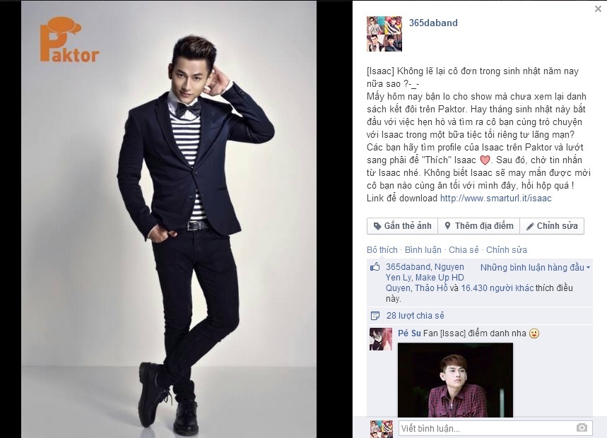 Hình chụp màn hình facebook 365- post Isaac chia sẻ về tìm bạn gái.