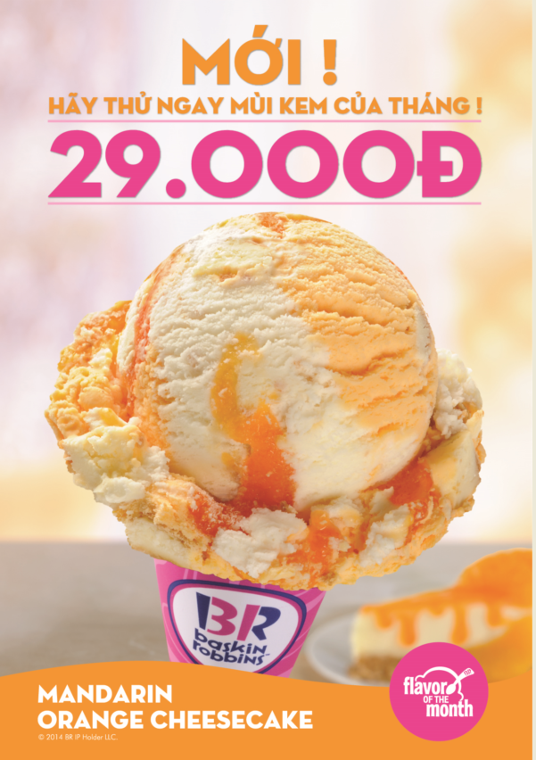 Mandarin orange cheesecake được mệnh danh là “mùi kem mới của tháng” bởi sự kết hợp độc đáo của kem quýt chua ngọt và kem phô mai béo, hòa quyện dải siro quýt pha lẫn những tép quýt tươi mọng nước.