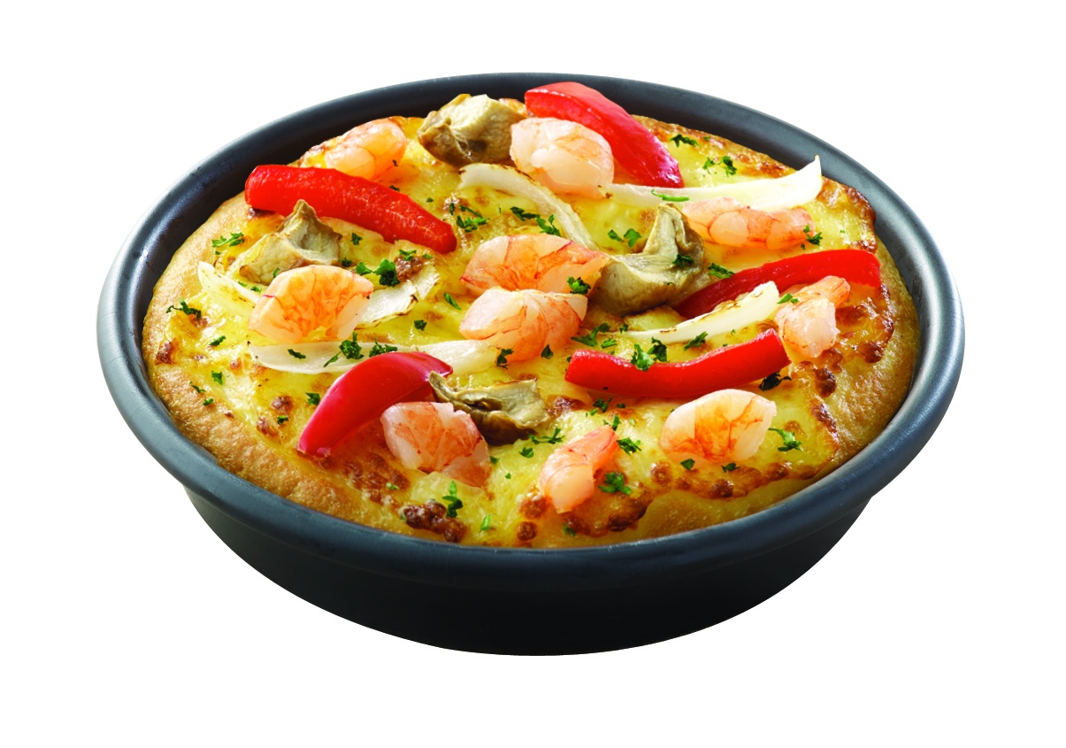 Shrimp Scampi : Pizza với tôm, nấm rơm, hành tây, ớt chuông phủ sốt bơ tỏi