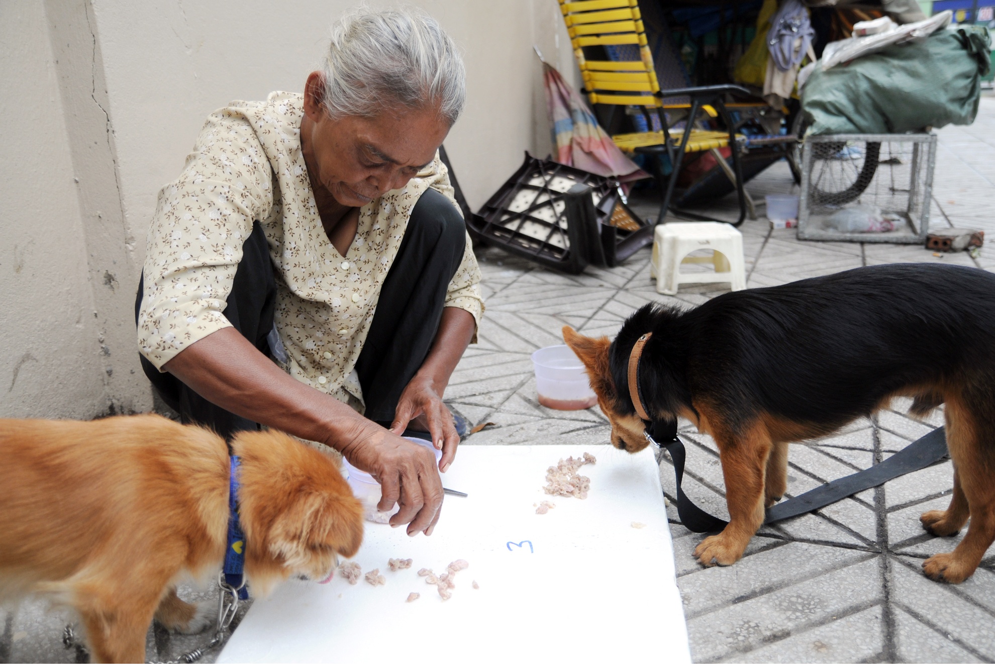 Cu ba 70 muu sinh cung 2 nguoi ban nho tren via he Sai Gon hinh anh