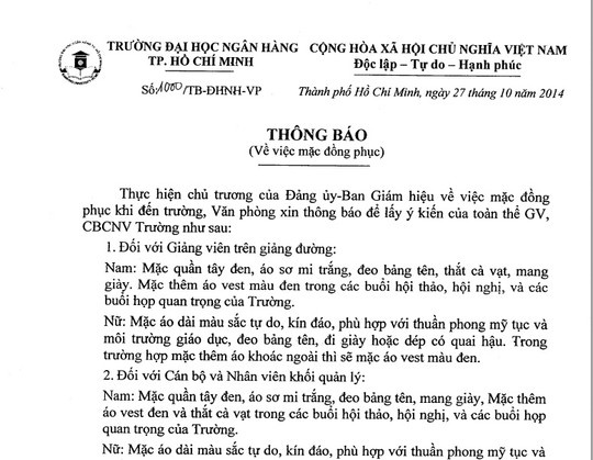 Thông báo về việc mặc đồng phục đối với giảng viên Trường ĐH Ngân hàng TP HCM.