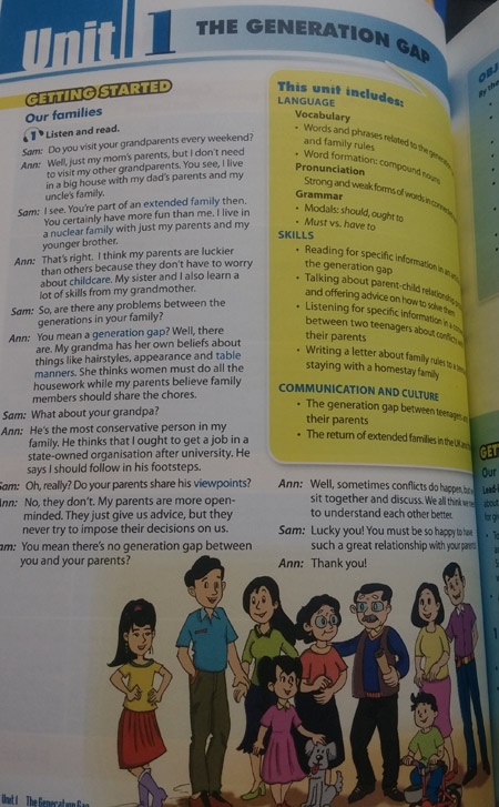 Bài học đầu tiên trong SGK tiếng Anh lớp 11 hệ 10 năm dạy về Khoảng cách giữa các thế hệ trong gia đình. (Ảnh: Văn Chung).