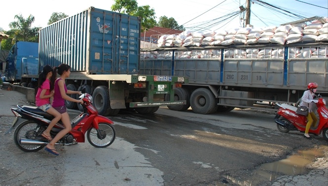 Con đường xuống lối mở Bản Quẩn chật cứng xe chở gạo xuất khẩu.