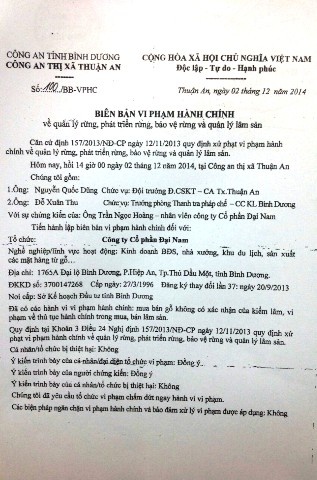 Biên bản vi phạm hành chính liên quan đến lô gỗ màcông an TX.Thuận An xác lập đầu tháng 12/2014 mà đến nay khởi tố vụ án hình sự.