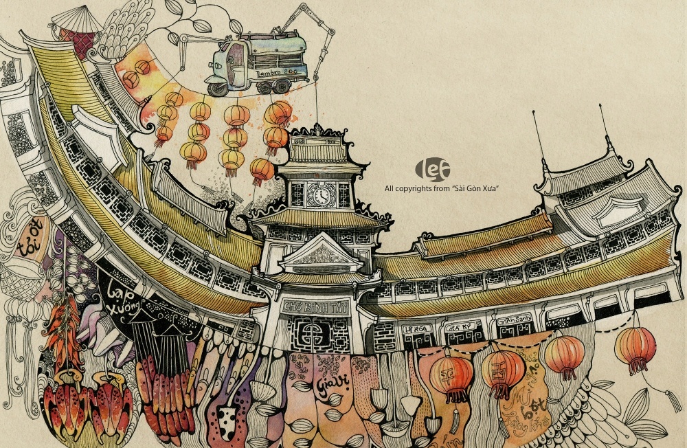 Hình ảnh chợ Bình Tây qua nét vẽ của Hưng Trọng.