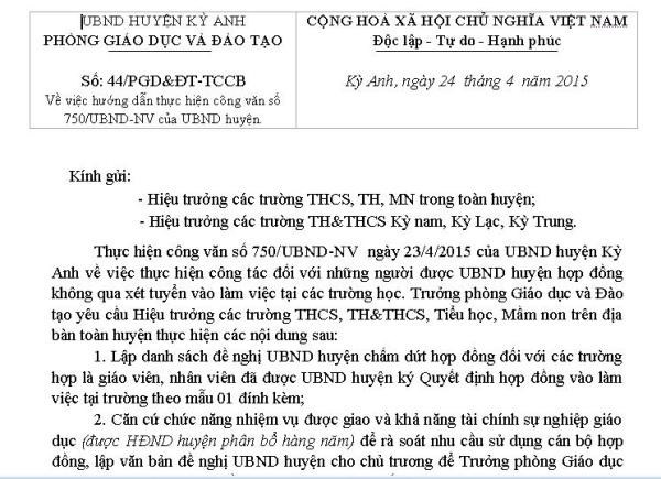 Văn bản phía Phòng GD&ĐT huyện Kỳ Anh gửi về các trường yêu cầu lập danh sách đối với những giáo viên, nhân viên ký hợp đồng trước đó.