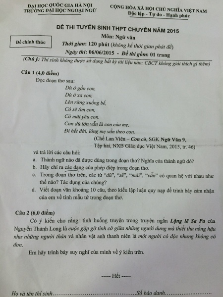 Đề thi chính thức môn thi Ngữ văn kỳ thi vào lớp 10 Trường THPT chuyên Ngoại ngữ năm 2015.