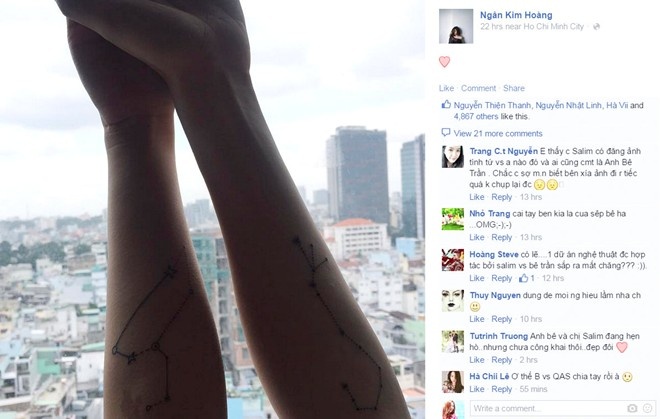 Hình ảnh hai cánh tay đi kèm hình trái tim do Sa Lim đăng tải khiến nhiều người đặt câu hỏi về mối quan hệ giữa cặp hot boy, hot girl Hà thành