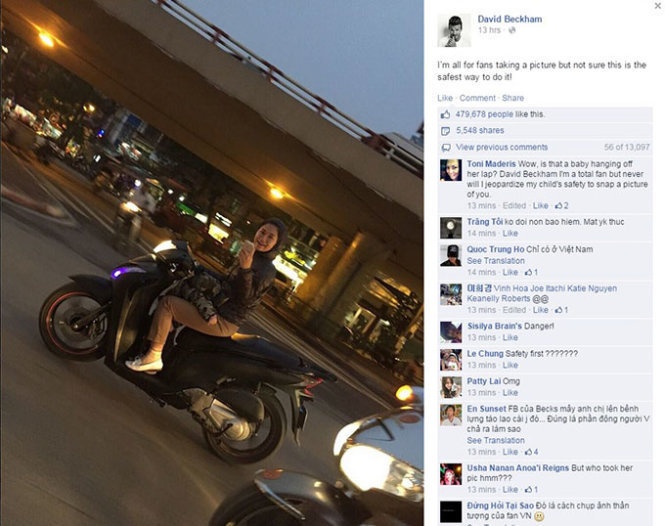 Bức ảnh người phụ nữ VN chạy xe một tay chở đứa trẻ ngủ gật, tay kia chụp ảnh cựu danh thủ David Beckham đã gây sốt trên Facebook của cựu danh thủ này vào những tháng cuối năm 2014 -