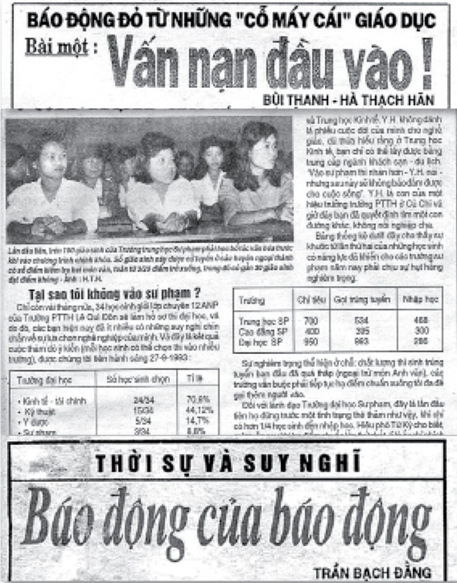 Loạt bài “Báo động đỏ từ những “cỗ máy cái” giáo dục” đăng trên Tuổi Trẻ ngày 30-9 và 2-10 năm 1993 của tác giả Bùi Thanh và Hà Thạch Hãn đoạt giải báo chí TP.HCM năm 1993 đã nêu rõ hiện trạng của ngành giáo dục thời điểm này. Trường ĐH Sư phạm TP.HCM chỉ tiêu 950, gọi trúng tuyển 993, nhưng chỉ có 285 thí sinh nhập học. Nhận định về thời điểm này, Bộ trưởng Bộ GD-ĐT Trần Hồng Quân đã phát biểu trên đài truyền hình rằng: “Do đời sống và địa vị xã hội của người thầy quá thấp, học sinh giỏi không muốn vào ngành sư phạm. Từ giáo sinh yếu, tất yếu sẽ được đào tạo thành giáo viên yếu. Giáo viên yếu lại đào tạo ra những học sinh yếu. Cái vòng xoáy trôn ốc ấy kết cục dẫn đến chất lượng giáo dục giảm sút là đương nhiên”.