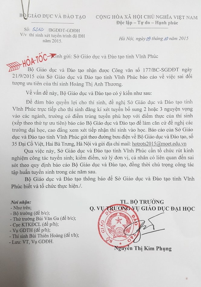 Công văn hỏa tốc của Bộ GD-ĐT gửi Sở GD-ĐT Vĩnh Phúc đề nghị chó thí sinh Hoàng Thị Anh Thương xét tuyển bổ sung vào trường khác .