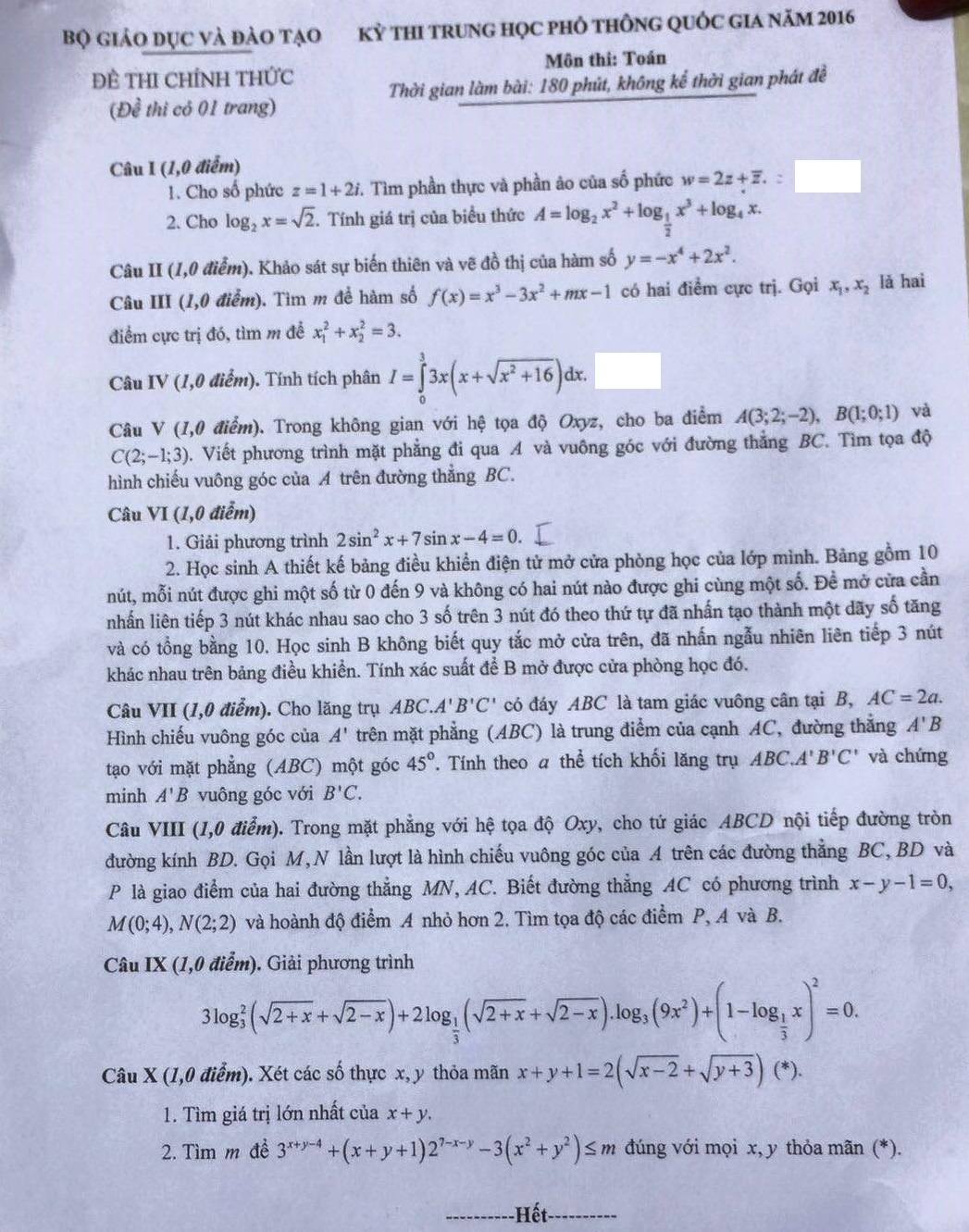 Đáp án đề thi Toán 2016 ảnh 1 Dap an de thi Toan 2016 anh 1
