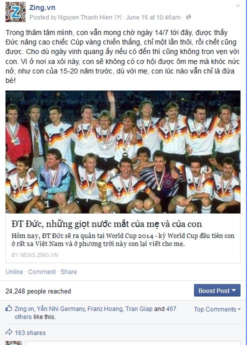 Tâm sự xúc động của một fan Đức xếp thứ 3 trong tuần đầu tiên.