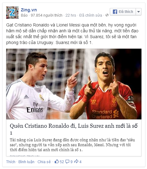 Gạt Cristiano Ronaldo và Lionel Messi qua một bên, hy vọng người hâm mộ sẽ dần chấp nhận anh là một cầu thủ tài năng, một tiền đạo xuất sắc nhất thế giới thời điểm hiện tại. Vì Suarez, tôi sẽ là một fan phong trào của Uruguay. Suarez mới là số 1.