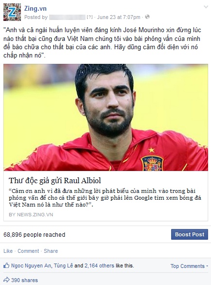 “Thư gửi Raul” của Nguyễn Huy Đức đã trở thành bài viết có tổng số lượng Like (thích) và Share (chia sẻ) nhiều nhất trên Fanpage Facebook của Zing.vn (https://www.facebook.com/zing.vn) trong tuần qua (2.556).