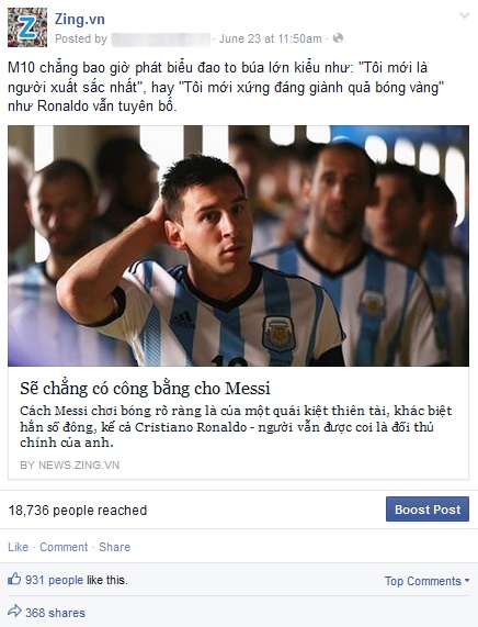 Với 1.299 lượt Like và Share, bài viết “Sẽ chẳng có công bằng cho Messi” của Nguyễn Thanh Hà ở vị trí thứ hai 