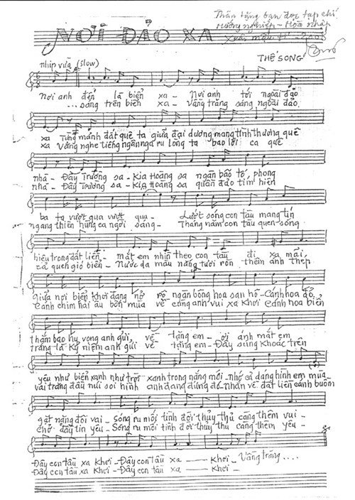 Bản viết tay ca khúc Nơi đảo xa của nhạc sĩ Thế Song.