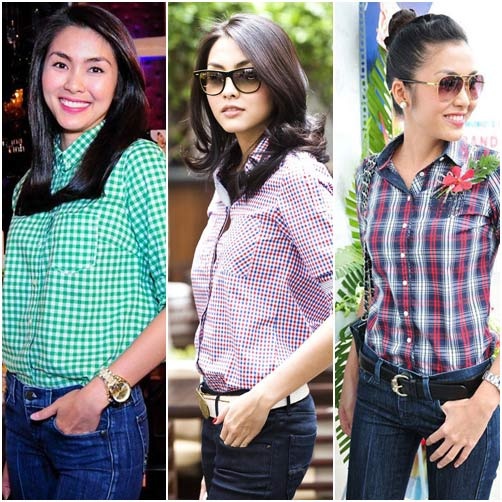 Khi mặc quần jeans với áo sơ mi, Hà Tăng thường đút một bàn tay vào túi quần tạo nên phong cách rất khỏe khoắn