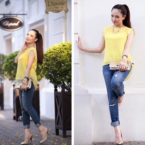 Ngọc Trang thường chọn những màu sắc tươi sáng cho trang phục.    