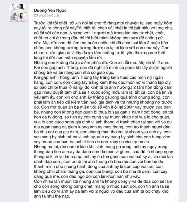 Sau khi Dương Yến Ngọc viết status đòi tự tử...  